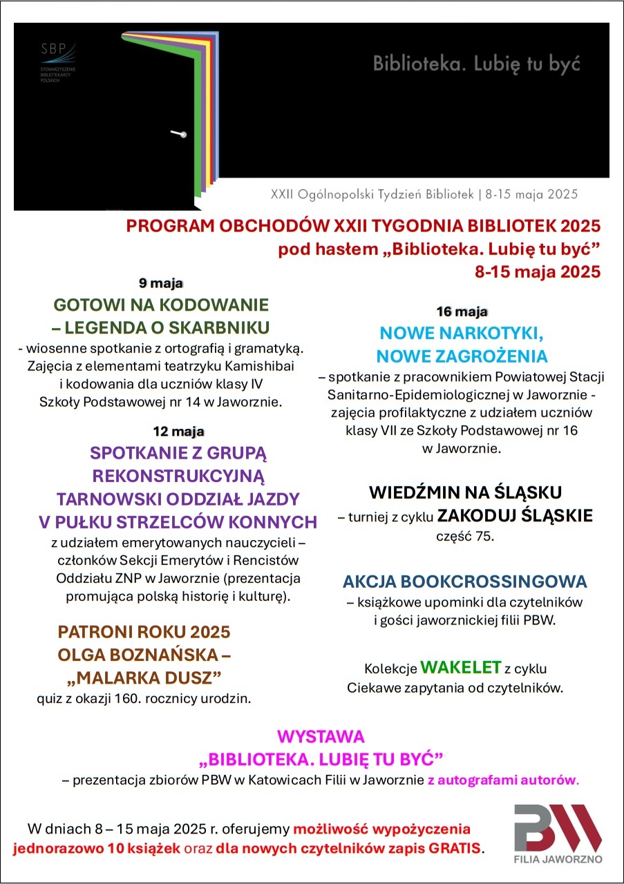 plakat Tygodnia Bibliotek 2025 w bibliotece pedagogicznej w Jaworznie