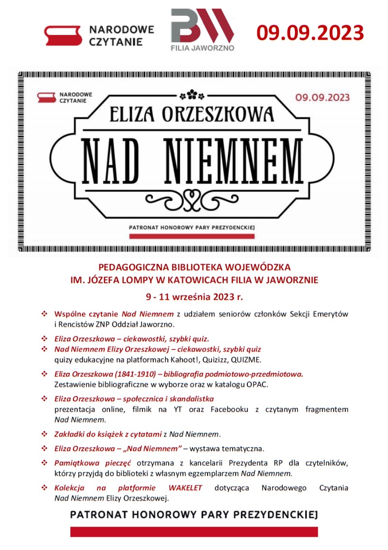 Plakat akcji Narodowe Czytanie w PBW w Katowicach Filii w Jaworznie